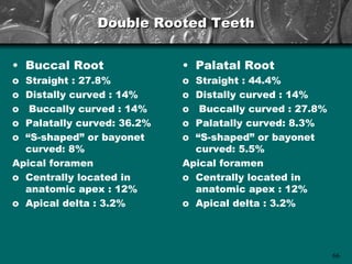 Double Rooted Teeth


• Buccal Root               • Palatal Root
o Straight : 27.8%          o Straight : 44.4%
o Distally curved : 14%     o Distally curved : 14%
o  Buccally curved : 14%    o  Buccally curved : 27.8%
o Palatally curved: 36.2%   o Palatally curved: 8.3%
o “S-shaped” or bayonet     o “S-shaped” or bayonet
  curved: 8%                  curved: 5.5%
Apical foramen              Apical foramen
o Centrally located in      o Centrally located in
  anatomic apex : 12%         anatomic apex : 12%
o Apical delta : 3.2%       o Apical delta : 3.2%




                                                         66
 