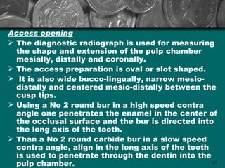 Access opening
 The diagnostic radiograph is used for measuring
  the shape and extension of the pulp chamber
  mesially, distally and coronally.
 The access preparation is oval or slot shaped.
 It is also wide bucco-lingually, narrow mesio-
  distally and centered mesio-distally between the
  cusp tips.
 Using a No 2 round bur in a high speed contra
  angle one penetrates the enamel in the center of
  the occlusal surface and the bur is directed into
  the long axis of the tooth.
 Than a No 2 round carbide bur in a slow speed
  contra angle, align in the long axis of the tooth
  is used to penetrate through the dentin into the
  pulp chamber.                                     67
 