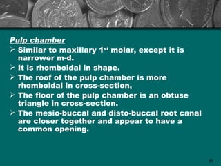Pulp chamber
 Similar to maxillary 1st molar, except it is
  narrower m-d.
 It is rhomboidal in shape.
 The roof of the pulp chamber is more
  rhomboidal in cross-section,
 The floor of the pulp chamber is an obtuse
  triangle in cross-section.
 The mesio-buccal and disto-buccal root canal
  are closer together and appear to have a
  common opening.



                                                 89
 
