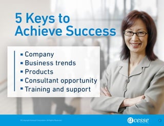 © Copyright Acesse Corporation. All Rights Reserved 2 
Company 
Business trends 
Products 
Consultant opportunity 
Training and support 
5 Keys to 
Achieve Success 
 