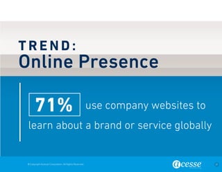 © Copyright Acesse Corporation. All Rights Reserved 21 
TREND: 
Online Presence 
71% use company websites to 
learn about a brand or service globally 
 