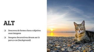 ALT
❏ Descreva de forma clara e objetiva
suas imagens
❏ Imagens decorativas devem ser ir
para o css (background)
 