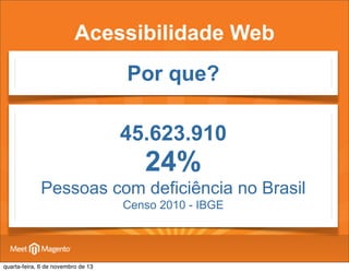 Acessibilidade Web
Por que?
45.623.910

24%
Pessoas com deficiência no Brasil
Censo 2010 - IBGE

quarta-feira, 6 de novembro de 13

 