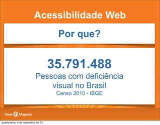 Acessibilidade Web
Por que?

35.791.488
Pessoas com deficiência
visual no Brasil
Censo 2010 - IBGE

quarta-feira, 6 de novembro de 13

 