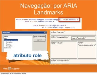 Navegação: por ARIA
Landmarks

atributo role

quarta-feira, 6 de novembro de 13

 