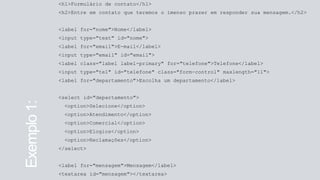 <h1>Formulário de contato</h1>
<h2>Entre em contato que teremos o imenso prazer em responder sua mensagem.</h2>
<label for="nome">Nome</label>
<input type="text" id="nome">
<label for="email">E-mail</label>
<input type="email" id="email">
<label class="label label-primary" for="telefone">Telefone</label>
<input type="tel" id="telefone" class="form-control" maxlength="11">
<label for="departamento">Escolha um departamento</label>
<select id="departamento">
<option>Selecione</option>
<option>Atendimento</option>
<option>Comercial</option>
<option>Elogios</option>
<option>Reclamações</option>
</select>
<label for="mensagem">Mensagem</label>
<textarea id="mensagem"></textarea>
Exemplo1:
 
