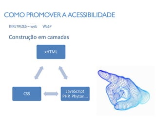 COMO PROMOVER A ACESSIBILIDADE
 DIRETRIZES – web   WaSP

 Construção em camadas

                    xHTML




                             JavaScript
         CSS
                            PHP, Phyton...
 
