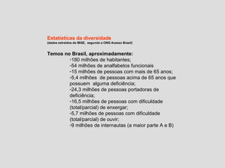 Estatísticas da diversidade   (dados extraídos do IBGE,  segundo a ONG Acesso Brasil) Temos no Brasil, aproximadamente: 180 milhões de habitantes; 54 milhões de analfabetos funcionais 15 milhões de pessoas com mais de 65 anos; 5,4 milhões  de pessoas acima de 65 anos que possuem  alguma deficiência; 24,3 milhões de pessoas portadoras de deficiência; 16,5 milhões de pessoas com dificuldade (total/parcial) de enxergar; 5,7 milhões de pessoas com dificuldade (total/parcial) de ouvir; 9 milhões de internautas (a maior parte A e B) 