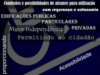 Condições e possibilidades de alcance para
utilização com segurança e autonomia
edificações públicas
privadas
Particulares
proporcionando
Maior Independência
Permitindo ao cidadão
 
