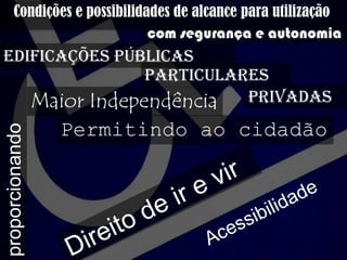 Condições e possibilidades de alcance para
utilização com segurança e autonomia
edificações públicas
privadas
Particulares
proporcionando
Maior Independência
Permitindo ao cidadão
 