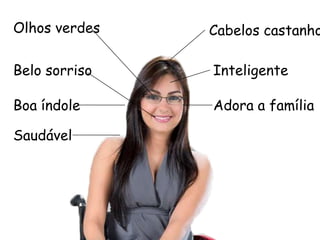 Olhos verdes Cabelos castanhos
Belo sorriso Inteligente
Boa índole
Saudável
Taise Guedes
 
