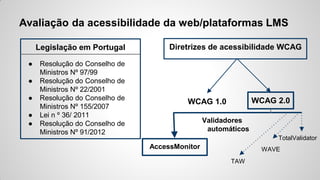 Avaliação da acessibilidade da web/plataformas LMS
Validadores
automáticos
Legislação em Portugal
● Resolução do Conselho de
Ministros Nº 97/99
● Resolução do Conselho de
Ministros Nº 22/2001
● Resolução do Conselho de
Ministros Nº 155/2007
● Lei n º 36/ 2011
● Resolução do Conselho de
Ministros Nº 91/2012
Diretrizes de acessibilidade WCAG
WCAG 1.0 WCAG 2.0
AccessMonitor
TotalValidator
WAVE
TAW
 