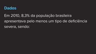 Dados
Em 2010, 8,3% da população brasileira
apresentava pelo menos um tipo de deficiência
severa, sendo:
 