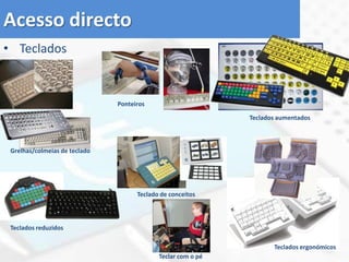 InversoAcesso directoO utilizador acede aos periféricos para controlar o computador ou introduzir dados.Dispositivo apontadorTecladoImpressora