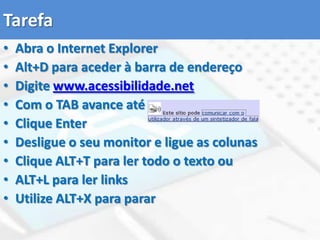 Acessibilidade aspectos a considerarDesign compatível com diferentes navegadores e resoluções de ecrã Cumprimento da normativa WAINavegação por teclado (navegação por tabs+ teclas de atalho)Ajuda para a navegação e compreensão de conteúdos Formatos alternativos de apresentação de uma mesma informação (redundância de informação); Eliminação de estímulos desnecessários; Contraste elevado entre fundo e elementos visuais;Configurações de acessibilidade que possibilitem ajustes para pessoas com diferentes restrições de acesso e participação;Compatibilidade com Tecnologias de Apoio para pessoas com deficiência.