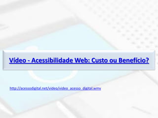 9 Conselhos para a acessibilidade de um sítio Web (fonte: acessibilidade.net)Garanta que todas as imagens se encontram legendadas ou descritas com textoEsta medida é essencial para botões e ligações feitas com recurso a imagens. O leitor de ecrã utilizado por um cego irá ler o texto alternativo associado à imagem.Garanta que o tamanho do texto pode ser aumentado com as opções do seu navegador	Esta facilidade é muito utilizada por pessoas idosas com algumas dificuldades visuais. Garanta que o comprimento do texto na página se ajusta ao tamanho da Janela	Esta característica facilita a utilização de software de ampliaçãoGaranta a identificação do campos dos formulários 	Coloque etiquetas em todos os campos do formulário identificando a sua funcionalidade. No caso do elemento que executa o envio dos dados do formulário ser uma imagem, não se esqueça de a legendar.Permita a ativação dos elementos da página através do teclado	Pessoas com destreza reduzida ou com incapacidade de ver o cursor do ecrã têm dificuldade em usar um dispositivo apontador como o rato. O teclado pode ser a única alternativa.