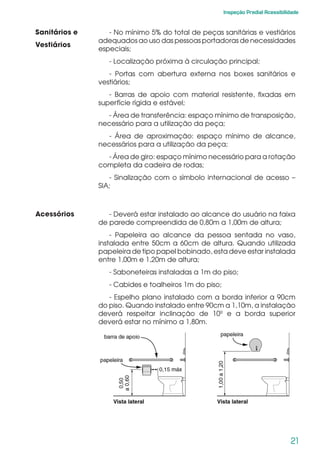 21
Inspeção Predial Acessibilidade
Sanitários e
Vestiários
- No mínimo 5% do total de peças sanitárias e vestiários
adequados ao uso das pessoas portadoras de necessidades
especiais;
- Localização próxima à circulação principal;
- Portas com abertura externa nos boxes sanitários e
vestiários;
- Barras de apoio com material resistente, fixadas em
superfície rígida e estável;
- Área de transferência: espaço mínimo de transposição,
necessário para a utilização da peça;
- Área de aproximação: espaço mínimo de alcance,
necessários para a utilização da peça;
- Área de giro: espaço mínimo necessário para a rotação
completa da cadeira de rodas;
- Sinalização com o símbolo internacional de acesso –
SIA;
Acessórios - Deverá estar instalado ao alcance do usuário na faixa
de parede compreendida de 0,80m a 1,00m de altura;
- Papeleira ao alcance da pessoa sentada no vaso,
instalada entre 50cm a 60cm de altura. Quando utilizada
papeleira de tipo papel bobinado, esta deve estar instalada
entre 1,00m e 1,20m de altura;
- Saboneteiras instaladas a 1m do piso;
- Cabides e toalheiros 1m do piso;
- Espelho plano instalado com a borda inferior a 90cm
do piso. Quando instalado entre 90cm a 1,10m, a instalação
deverá respeitar inclinação de 10º e a borda superior
deverá estar no mínimo a 1,80m.
 