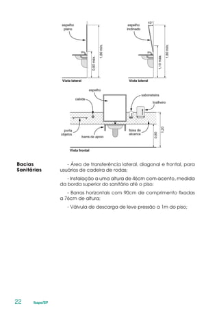 22	 Ibape/SP
Bacias
Sanitárias
- Área de transferência lateral, diagonal e frontal, para
usuários de cadeira de rodas;
- Instalação a uma altura de 46cm com acento, medida
da borda superior do sanitário até o piso;
- Barras horizontais com 90cm de comprimento fixadas
a 76cm de altura;
- Válvula de descarga de leve pressão a 1m do piso;
 