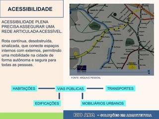 ACESSIBILIDADE

ACESSIBILIDADE PLENA
PRECISA ASSEGURAR UMA
REDE ARTICULADA ACESSÍVEL.

Rota contínua, desobstruída,
sinalizada, que conecte espaços
internos com externos, permitindo
uma mobilidade na cidade de
forma autônoma e segura para
todas as pessoas.


                                    FONTE: ARQUIVO PESSOAL




      HABITAÇÕES              VIAS PÚBLICAS                  TRANSPORTES



                  EDIFICAÇÕES               MOBILIÁRIOS URBANOS
 