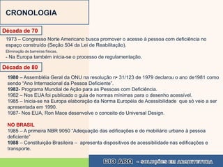 CRONOLOGIA

Década de 70
 1973 – Congresso Norte Americano busca promover o acesso à pessoa com deficiência no
 espaço construído (Seção 504 da Lei de Reabilitação).
 Eliminação de barreiras físicas.
 - Na Europa também inicia-se o processo de regulamentação.

Década de 80
 1980 – Assembléia Geral da ONU na resolução n• 31/123 de 1979 declarou o ano de1981 como
 sendo “Ano Internacional da Pessoa Deficiente”.
 1982- Programa Mundial de Ação para as Pessoas com Deficiência.
 1982 – Nos EUA foi publicado o guia de normas mínimas para o desenho acessível.
 1985 – Inicia-se na Europa elaboração da Norma Européia de Acessibilidade que só veio a ser
 apresentada em 1990.
 1987- Nos EUA, Ron Mace desenvolve o conceito do Universal Design.

 NO BRASIL
 1985 – A primeira NBR 9050 “Adequação das edificações e do mobiliário urbano à pessoa
 deficiente”
 1988 – Constituição Brasileira – apresenta dispositivos de acessibilidade nas edificações e
 transporte.
 