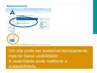Relacionamento Um site pode ser acessível tecnicamente, mas ter baixa usabilidade.  A usabilidade pode melhorar a acessibilidade. 