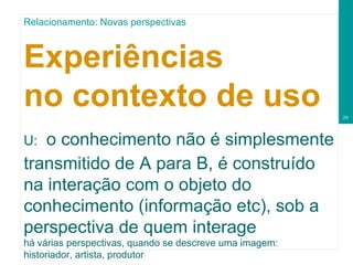 Experiências no contexto de uso U:   o conhecimento não é simplesmente transmitido de A para B, é construído na interação com o objeto do conhecimento (informação etc), sob a perspectiva de quem interage há várias perspectivas, quando se descreve uma imagem: historiador, artista, produtor Relacionamento: Novas perspectivas 