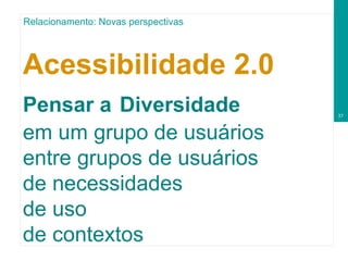 Acessibilidade 2.0  Pensar a   Diversidade   em um grupo de usuários entre grupos de usuários de necessidades de uso de contextos   Relacionamento: Novas perspectivas 