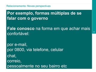 Por exemplo, formas múltiplas de se falar com o governo Fale conosco  na forma em que achar mais confortável:  por e-mail,  por 0800, via telefone, celular chat,  correio,  pessoalmente no seu bairro etc Relacionamento: Novas perspectivas 