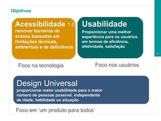 Objetivos Usabilidade Proporcionar uma melhor experiência para os usuários em termos de eficiência, efetividade, satisfação Design Universal proporcionar maior usabilidade para o maior número de pessoas possível, independente de idade, habilidade ou situação Acessibilidade   1.0 remover barreiras de acesso baseadas em limitações técnicas, ambientais e de deficiência   Foco em ‘um produto para todos’ Foco nos usuários Foco na tecnologia 