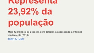 Representa
23,92% da
população
Mais 12 milhões de pessoas com deficiência acessando a internet
diariamente (2010)
bit.ly/1TJ1CqW
 
