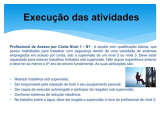 Profissional de Acesso por Corda Nível 1 - N1 - é aquele com qualificação básica, que possui habilidades para trabalhar com segurança dentro de uma variedade de sistemas empregados em acesso por corda, sob a supervisão de um nível 2 ou nível 3. Deve estar capacitado para exercer trabalhos limitados sob supervisão. Não requer experiência anterior e deve ter ao menos o 5º ano do ensino fundamental. As suas atribuições são: 
Realizar trabalhos sob supervisão; 
Ser responsável pela inspeção de todo o seu equipamento pessoal; 
Ser capaz de executar autoresgate e participar de resgates sob supervisão; 
Conhecer sistemas de redução mecânica; 
No trabalho sobre a água, deve ser exigida a supervisão in loco do profissional de nível 3; 
Execução das atividades  