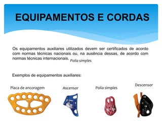 EQUIPAMENTOS E CORDAS 
Os equipamentos auxiliares utilizados devem ser certificados de acordo com normas técnicas nacionais ou, na ausência dessas, de acordo com normas técnicas internacionais. 
Exemplos de equipamentos auxiliares: 
Placa de ancoragem 
Ascensor 
Polia simples 
Polia simples 
Descensor  