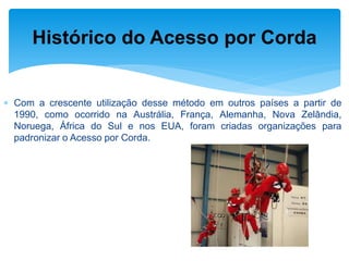 Com a crescente utilização desse método em outros países a partir de 1990, como ocorrido na Austrália, França, Alemanha, Nova Zelândia, Noruega, África do Sul e nos EUA, foram criadas organizações para padronizar o Acesso por Corda. 
Histórico do Acesso por Corda  