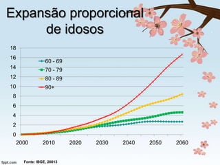 Expansão proporcional
de idosos
18
16

60 - 69

14

70 - 79

12

80 - 89

10

90+

8
6
4
2

0
2000

2010

Fonte: IBGE, 20013

2020

2030

2040

2050

2060

 