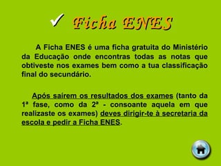    Ficha ENES A Ficha ENES é uma ficha gratuita do Ministério da Educação onde encontras todas as notas que obtiveste nos exames bem como a tua classificação final do secundário. Após saírem os resultados dos exames  (tanto da 1ª fase, como da 2ª - consoante aquela em que realizaste os exames)  deves dirigir-te à secretaria da escola e pedir a Ficha ENES . 