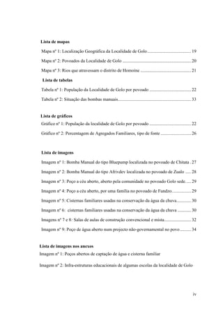 iv
Lista de mapas
Mapa nº 1: Localização Geográfica da Localidade de Golo....................................... 19
Mapa nº 2: Povoados da Localidade de Golo ............................................................. 20
Mapa nº 3: Rios que atravessam o distrito de Homoíne ............................................. 21
Lista de tabelas
Tabela nº 1: População da Localidade de Golo por povoado ..................................... 22
Tabela nº 2: Situação das bombas manuais................................................................. 33
Lista de gráficos
Gráfico nº 1: População da localidade de Golo por povoado ..................................... 22
Gráfico nº 2: Percentagem de Agregados Familiares, tipo de fonte ........................... 26
Lista de imagens
Imagem nº 1: Bomba Manual do tipo Bluepump localizada no povoado de Chitata . 27
Imagem nº 2: Bomba Manual do tipo Afrivdev localizada no povoado de Zualo ..... 28
Imagem nº 3: Poço a céu aberto, aberto pela comunidade no povoado Golo sede..... 29
Imagem nº 4: Poço a céu aberto, por uma família no povoado de Fundzo................. 29
Imagem nº 5: Cisternas familiares usadas na conservação da água da chuva............. 30
Imagem nº 6: cisternas familiares usadas na conservação da água da chuva ............ 30
Imagens nº 7 e 8: Salas de aulas de construção convencional e mista........................ 32
Imagem nº 9: Poço de água aberto num projecto não-governamental no povo.......... 34
Lista de imagens nos anexos
Imagem nº 1: Poços abertos de captação de água e cisterna familiar
Imagem nº 2: Infra-estruturas educacionais de algumas escolas da localidade de Golo
 
