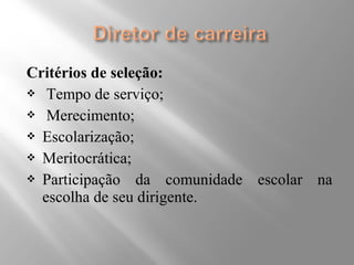 Critérios de seleção: 
 Tempo de serviço; 
 Merecimento; 
 Escolarização; 
 Meritocrática; 
 Participação da comunidade escolar na 
escolha de seu dirigente. 
 