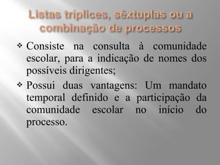  Consiste na consulta à comunidade 
escolar, para a indicação de nomes dos 
possíveis dirigentes; 
 Possui duas vantagens: Um mandato 
temporal definido e a participação da 
comunidade escolar no início do 
processo. 
 