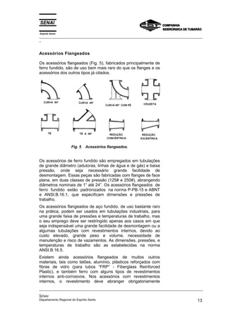 Espírito Santo
_________________________________________________________________________________________________
_
_________________________________________________________________________________________________
_
SENAI
Departamento Regional do Espírito Santo 13
Acessórios Flangeados
Os acessórios flangeados (Fig. 5), fabricados principalmente de
ferro fundido, são de uso bem mais raro do que os flanges e os
acessórios dos outros tipos já citados.
Fig. 5 Acessórios flangeados.
Os acessórios de ferro fundido são empregados em tubulações
de grande diâmetro (adutoras, linhas de água e de gás) e baixa
pressão, onde seja necessário grande facilidade de
desmontagem. Essas peças são fabricadas com flanges de face
plana, em duas classes de pressão (125# e 250#), abrangendo
diâmetros nominais de 1” até 24”. Os acessórios flangeados de
ferro fundido estão padronizados na norma P-PB-15 e ABNT
e ANSI.B.16.1, que especificam dimensões e pressões de
trabalho.
Os acessórios flangeados de aço fundido, de uso bastante raro
na prática, podem ser usados em tubulações industriais, para
uma grande faixa de pressões e temperaturas de trabalho, mas
o seu emprego deve ser restringido apenas aos casos em que
seja indispensável uma grande facilidade de desmontagem ou a
algumas tubulações com revestimentos internos, devido ao
custo elevado, grande peso e volume, necessidade de
manutenção e risco de vazamentos. As dimensões, pressões, e
temperaturas de trabalho são as estabelecidas na norma
ANSI.B.16.5.
Existem ainda acessórios flangeados de muitos outros
materiais, tais como latões, alumínio, plásticos reforçados com
fibras de vidro (para tubos “FRP” - Fiberglass Reinforced
Plastic), e também ferro com alguns tipos de revestimentos
internos anti-corrosivos. Nos acessórios com revestimentos
internos, o revestimento deve abranger obrigatoriamente
 