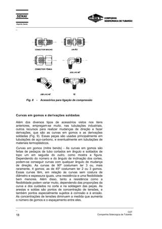 Espírito Santo
_________________________________________________________________________________________________
_
_________________________________________________________________________________________________
_
CST
18 Companhia Siderúrgica de Tubarão
Fig. 8 - Acessórios para ligação de compressão
Curvas em gomos e derivações soldadas
Além dos diversos tipos de acessórios vistos nos itens
anteriores, empregam-se muito, nas tubulações industriais,
outros recursos para realizar mudanças de direção e fazer
derivações, que são as curvas em gomos e as derivações
soldadas (Fig. 9). Essas peças são usadas principalmente em
tubulações de aço-carbono, e eventualmente em tubulações de
materiais termoplásticos.
Curvas em gomos (mitre bends) - As curvas em gomos são
feitas de pedaços de tubo cortados em ângulo e soldados de
topo um em seguida do outro, como mostra a figura.
Dependendo do número e do ângulo de inclinação dos cortes,
podem-se conseguir curvas com qualquer ângulo de mudança
de direção. As curvas de 90º costumam ter 3 ou, mais
raramente, 4 gomos; as de 45º costumam ter 2 ou 3 gomos.
Essas curvas têm, em relação às curvas sem costura de
diâmetro e espessura iguais, uma resistência e uma flexibilidade
bem menores. Além disso, tanto a resistência como a
flexibilidade podem variar muito, dependendo das proporções da
curva e dos cuidados no corte e na soldagem das peças. As
arestas e soldas são pontos de concentração de tensões, e
também pontos especialmente sujeitos à corrosão e à erosão.
As concentrações de tensões diminuem a medida que aumenta
o número de gomos e o espaçamento entre eles.
 