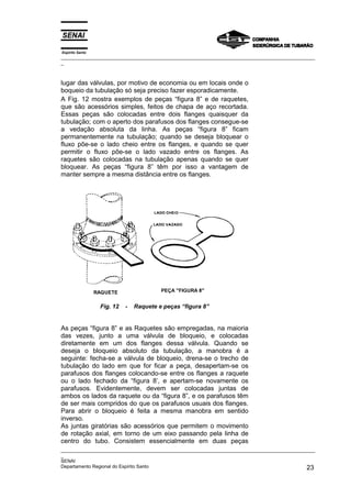Espírito Santo
_________________________________________________________________________________________________
_
_________________________________________________________________________________________________
_
SENAI
Departamento Regional do Espírito Santo 23
lugar das válvulas, por motivo de economia ou em locais onde o
boqueio da tubulação só seja preciso fazer esporadicamente.
A Fig. 12 mostra exemplos de peças “figura 8” e de raquetes,
que são acessórios simples, feitos de chapa de aço recortada.
Essas peças são colocadas entre dois flanges quaisquer da
tubulação; com o aperto dos parafusos dos flanges consegue-se
a vedação absoluta da linha. As peças “figura 8” ficam
permanentemente na tubulação; quando se deseja bloquear o
fluxo põe-se o lado cheio entre os flanges, e quando se quer
permitir o fluxo põe-se o lado vazado entre os flanges. As
raquetes são colocadas na tubulação apenas quando se quer
bloquear. As peças “figura 8” têm por isso a vantagem de
manter sempre a mesma distância entre os flanges.
Fig. 12 - Raquete e peças “figura 8”
As peças “figura 8” e as Raquetes são empregadas, na maioria
das vezes, junto a uma válvula de bloqueio, e colocadas
diretamente em um dos flanges dessa válvula. Quando se
deseja o bloqueio absoluto da tubulação, a manobra é a
seguinte: fecha-se a válvula de bloqueio, drena-se o trecho de
tubulação do lado em que for ficar a peça, desapertam-se os
parafusos dos flanges colocando-se entre os flanges a raquete
ou o lado fechado da “figura 8’, e apertam-se novamente os
parafusos. Evidentemente, devem ser colocadas juntas de
ambos os lados da raquete ou da “figura 8”, e os parafusos têm
de ser mais compridos do que os parafusos usuais dos flanges.
Para abrir o bloqueio é feita a mesma manobra em sentido
inverso.
As juntas giratórias são acessórios que permitem o movimento
de rotação axial, em torno de um eixo passando pela linha de
centro do tubo. Consistem essencialmente em duas peças
 