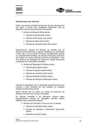 Espírito Santo
_________________________________________________________________________________________________
_
_________________________________________________________________________________________________
_
SENAI
Departamento Regional do Espírito Santo 27
Classificação das Válvulas
Existe uma grande variedade de tipos de válvulas, algumas para
uso geral, e outras para finalidades específicas. São os
seguintes os tipos mais importantes de válvulas:
1. Válvulas de Bloqueio (block-valves)
• Válvulas de gaveta (gate valves).
• Válvulas macho (plug, cock valves).
• Válvulas de esfera (ball valves).
• Válvulas de comporta (slide, blast valves).
Denominam-se válvulas de bloqueio as válvulas que se
destinam primordialmente a apenas estabelecer ou interromper
o fluxo, isto é, que só devem funcionar completamente abertas
ou completamente fechadas. As válvulas de bloqueio costumam
ser sempre do mesmo diâmetro nominal da tubulação, e têm
uma abertura de passagem de fluido com secção transversal
comparável com a da própria tubulação.
2. Válvulas de Regulagem (throttling valves)
• Válvulas globo (globe valves).
• Válvulas de agulha (needle valves).
• Válvulas de controle (control valves).
• Válvulas borboleta (butterfly valves).
• Válvulas de diafragma (diaphragm valves).
Válvulas de regulagem são as destinadas especificamente para
controlar o fluxo, podendo por isso trabalhar em qualquer
posição de fechamento parcial.
Essas válvulas são as vezes, por motivo de economia, de
diâmetro nominal menor do que a tubulação.
As Válvulas borboleta e de diafragma, embora sejam
especificamente válvulas de regulagem, também podem
trabalhar como válvulas de bloqueio.
3. Válvulas que Permitem o Fluxo em Um só Sentido
• Válvulas de retenção (check valves).
• Válvulas de retenção e fechamento (stop-check
valves).
• Válvulas de pé (foot valves).
 