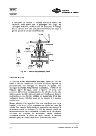 Espírito Santo
_________________________________________________________________________________________________
_
_________________________________________________________________________________________________
_
CST
32 Companhia Siderúrgica de Tubarão
a vantagem de facilitar a limpeza mecânica interna da
tubulação, bem como com a passagem dos “pigs” de
separação de fluidos, muito usados em oleodutos. A carcaça
dessas válvulas tem uma protuberância inferior para alojar a
gaveta quando a válvula estiver fechada.
Fig. 19 - Válvula de passagem plena
Válvulas Macho
As Válvulas macho representam em média cerca de 10% de
todas as válvulas usadas em tubulações industriais. Aplicam-se
principalmente nos serviços de bloqueio de gases (em
quaisquer diâmetros, temperaturas e pressões), e também no
bloqueio rápido de água, vapor e líquidos em geral (em
pequenos diâmetros e baixas pressões). As Válvulas macho são
recomendadas também para serviços com líquidos que deixem
sedimentos ou que tenham sólidos em suspensão. Uma das
vantagens dessas válvulas sobre as de gaveta, é o espaço
muito menor.
Nessas válvulas o fechamento é feito pela rotação de uma peça
(macho), onde há um orifício broqueado, no interior, do corpo da
válvula. São válvulas de fecho rápido, porque fecham-se com ¼
de volta do macho ou da haste (Fig. 20). As Válvulas macho só
devem ser usadas como válvulas de bloqueio, isto é, não devem
funcionar em posições de fechamento parcial. Quando
totalmente abertas, a perda de carga causada é bastante
pequena, porque a trajetória do fluido é também reta e livre.
 