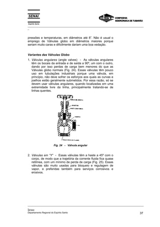 Espírito Santo
_________________________________________________________________________________________________
_
_________________________________________________________________________________________________
_
SENAI
Departamento Regional do Espírito Santo 37
pressões e temperaturas, em diâmetros até 8”. Não é usual o
emprego de Válvulas globo em diâmetros maiores porque
seriam muito caras e dificilmente dariam uma boa vedação.
Variantes das Válvulas Globo
1. Válvulas angulares (angle valves) - As válvulas angulares
têm os bocais da entrada e de saída a 90º, um com o outro,
dando por isso perdas de carga bem menores do que as
Válvulas globo normais (Fig. 24). Essas válvulas têm pouco
uso em tubulações industriais porque uma válvula, em
princípio, não deve sofrer os esforços aos quais as curvas e
joelhos estão geralmente submetidos. Por essa razão, só se
devem usar válvulas angulares, quando localizadas em uma
extremidade livre da linha, principalmente tratando-se de
linhas quentes.
Fig. 24 - Válvula angular
2. Válvulas em “Y” - Essas válvulas têm a haste a 45º com o
corpo, de modo que a trajetória da corrente fluida fica quase
retilínea, com um mínimo de perda de carga (Fig. 25). Essas
válvulas são muito usadas para bloqueio e regulagem de
vapor, e preferidas também para serviços corrosivos e
erosivos.
 