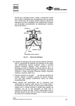 Espírito Santo
_________________________________________________________________________________________________
_
_________________________________________________________________________________________________
_
SENAI
Departamento Regional do Espírito Santo 49
flexível que é apertado contra a sede; o mecanismo móvel
que controla o diafragma fica completamente fora do contato
com o fluido (Fig. 36). Existem também algumas válvulas de
diafragma que têm a passagem reta, próprias para serviços
que necessitam eventualmente de desobstrução mecânica
através da válvula.
Fig. 36 - Válvula de diafragma
As válvulas de diafragma são quase sempre válvulas pequenas
(até 6”), geralmente de materiais não metálicos ou de metais
com revestimentos internos especiais contra a corrosão
(ebonite, borracha, plásticos, vidro, porcelana etc.). A
temperatura limite de trabalho da válvula está em geral na
dependência do material empregado no diafragma, que varia
conforme o fluido conduzido (borracha natural, borrachas
sintéticas, neoprene, teflon etc.).
3. Válvulas redutoras de pressão - As válvulas redutoras de
pressão regulam a pressão a jusante da válvula, fazendo
com que essa pressão mantenha-se dentro de limites
preestabelecidos.
Essas válvulas são automáticas, isto é, funcionam sem
intervenção de qualquer ação externa. Em muitas delas o
funcionamento se faz através de uma pequena válvula-piloto,
integral com a válvula principal e atuada pela pressão de
montante, que dá ou não passagem ao fluido para a
operação da válvula principal. Tanto a válvula-piloto como a
principal fecham-se por meio de molas de tensão regulável
de acordo com a pressão desejada.
 