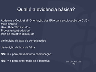 Qual é a evidência básica?
Adrienne e Cook et al “Orientação dos EUA para a colocação de CVC -
Meta-análise”
Usou 8 de 208 estudos
Provas encontradas de:
taxa de tentativa diminuída
diminuição da taxa de complicações
diminuição da taxa de falha
NNT = 7 para prevenir uma complicação
NNT = 5 para evitar mais de 1 tentativa Crit Care Med, Dec
1996
 