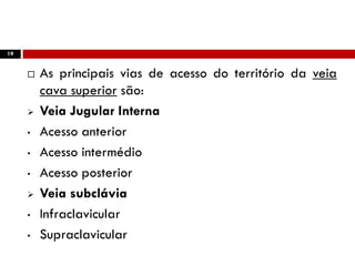19
 As principais vias de acesso do território da veia
cava superior são:
 Veia Jugular Interna
• Acesso anterior
• Acesso intermédio
• Acesso posterior
 Veia subclávia
• Infraclavicular
• Supraclavicular
 