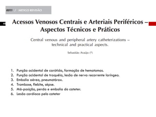 49
1. Punção acidental de carótida, formação de hematomas.
2. Punção acidental de traquéia, lesão de nervo recorrente laríngeo.
3. Embolia aérea, pneumotórax.
4. Trombose, flebite, sépse.
5. Má-posição, perda e embolia do cateter.
6. Lesão cardíaca pelo cateter
 