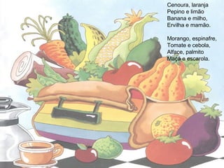 Cenoura, laranja
Pepino e limão
Banana e milho,
Ervilha e mamão.
Morango, espinafre,
Tomate e cebola,
Alface, palmito
Maçã e escarola.
 