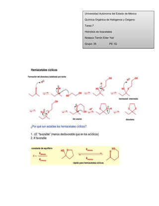 Universidad Autónoma del Estado de México
Química Orgánica de Halógenos y Oxigeno
Tarea 7
Hidrolisis de tioacetales
Nolasco Terrón Eder Yair
Grupo: 35

PE: IQ

 